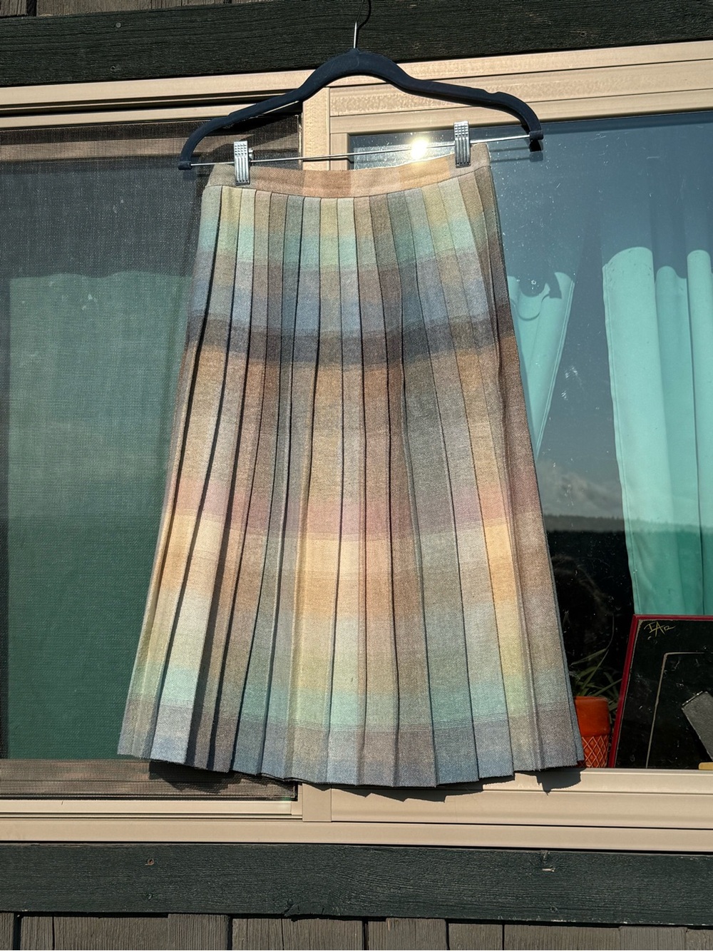 Vintage Pleated Pastel Plaid Wool Blend Midi Skirt - Picture 2 of 8